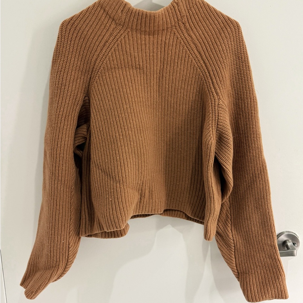 Women’s Caramel Brown Wool-Blend Ribbed Knit Mock Neck Sweater